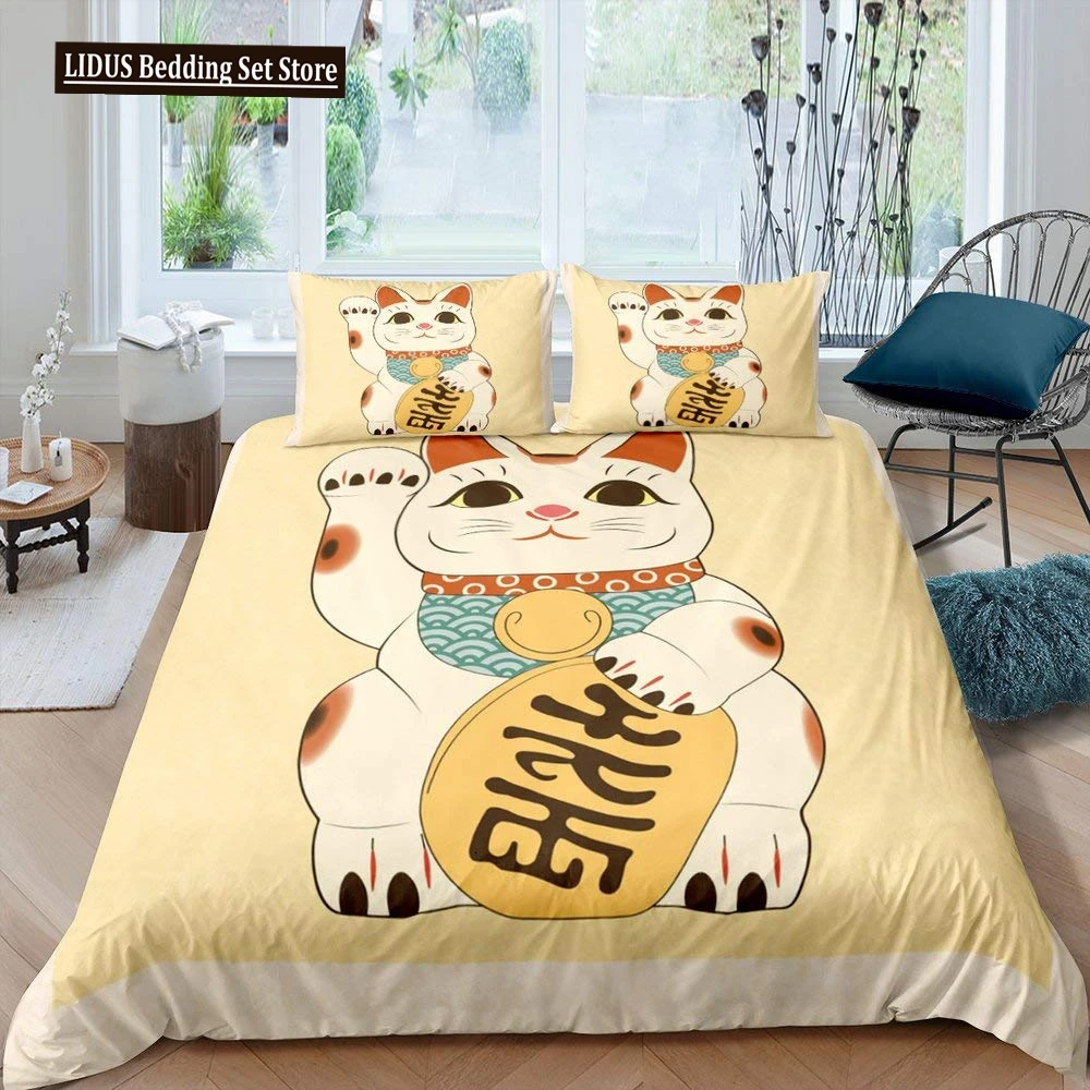 

Maneki Duvet Cover Set,Japanese Lucky Cat Duvet Cover Neko Gold Coin Japanese Style Cute Bedding Set Cat Comforter Cover 2/3pcs