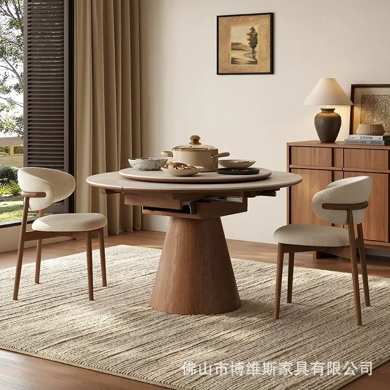 Medieval Style Telescopic Travertine Dining Table with Hidden Induction Cooker and Turntable Solid Wood for Small Apartment