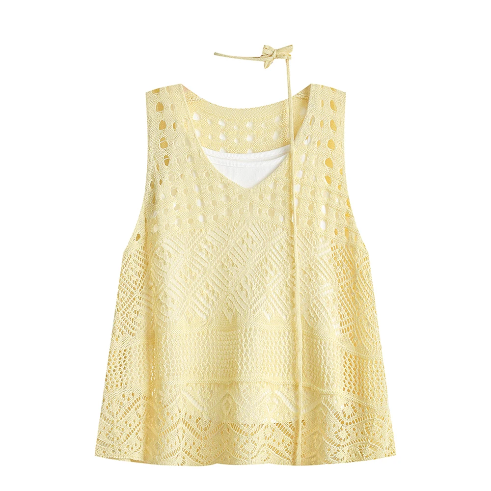 

French Girlish Summer New Niche Design Top Korean Version 2025 Fashion Hollow Knitted Sling Top Suspender Vest Set Aesthetic