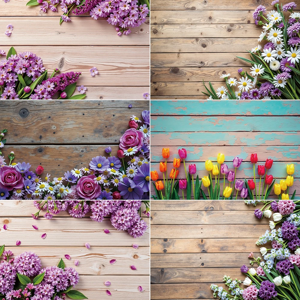 

MOON.QG Spring Photo Backdrop Product Food Photography Props Background Wood Boards Wooden Plank Tulip Studio Photographic Wall