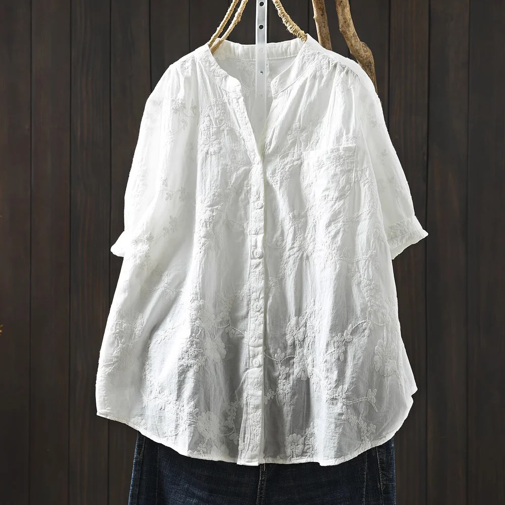 우아한 여성 셔츠 100% 면 V넥 블루 화이트 베이지 블랙 레이스 자수 셔츠 및 블라우스 여성용 반팔 탑