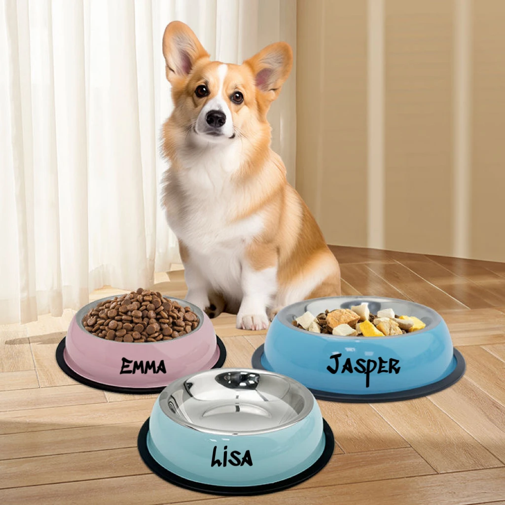 

Pet Supplies Name Custom Dogs Cats Food Bowl PP Base Dog Bowl Stainless Steel Personalized Pet Accessories Feeding Drinking Bowl