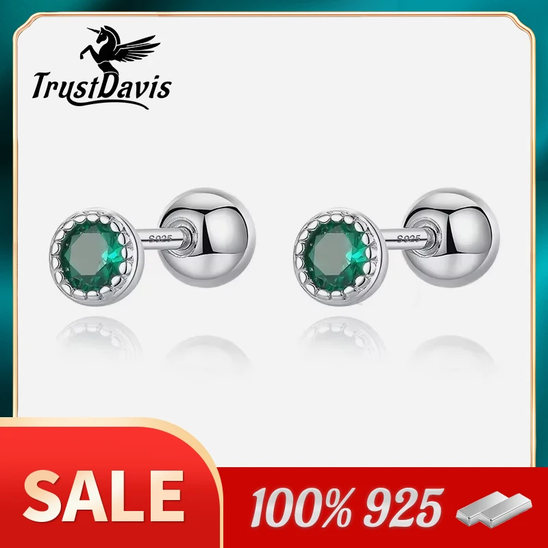 TrustDavis Real 925 Sterling Silver Fashion Round Colour CZ Screw Stud Earrings for Women Daily Wear Jewelry Gift DB1426