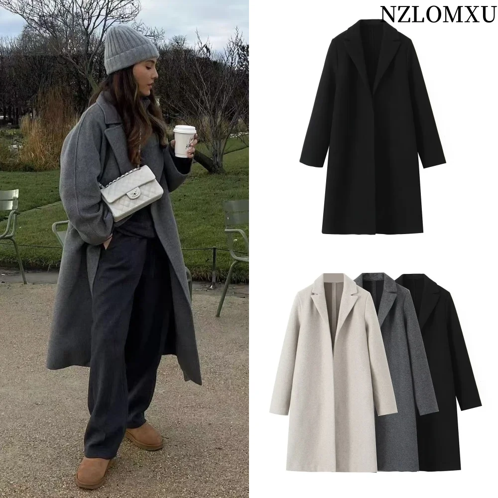 

Autumn Winter Women Elegant Long Sleeve Loose Coat Woman Vintage Solid Color Lapel Warm Long Windbreaker Overcoat Clothing