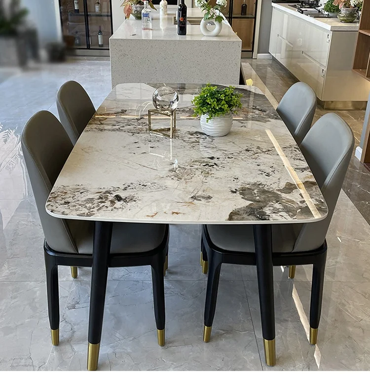 Nordic luxury marble dining table and chair combination bright white slate dining table