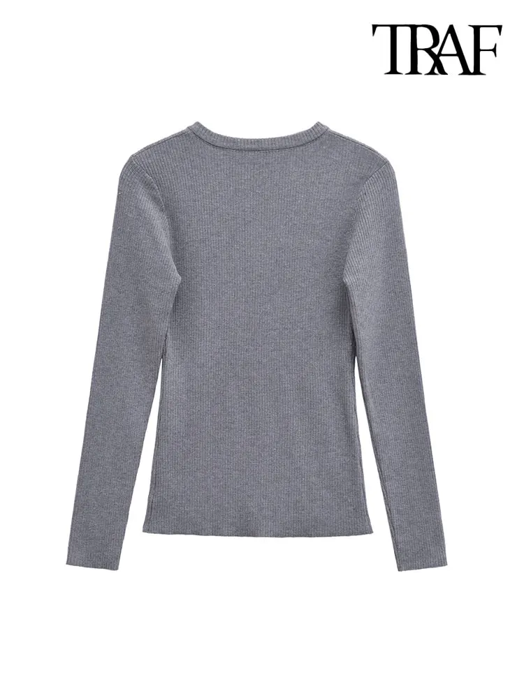 TRAF-Ribbed Knit Sweater with Buttons for Women, O Neck, Long Sleeve, Female Pullovers, Chic Tops, Fashion