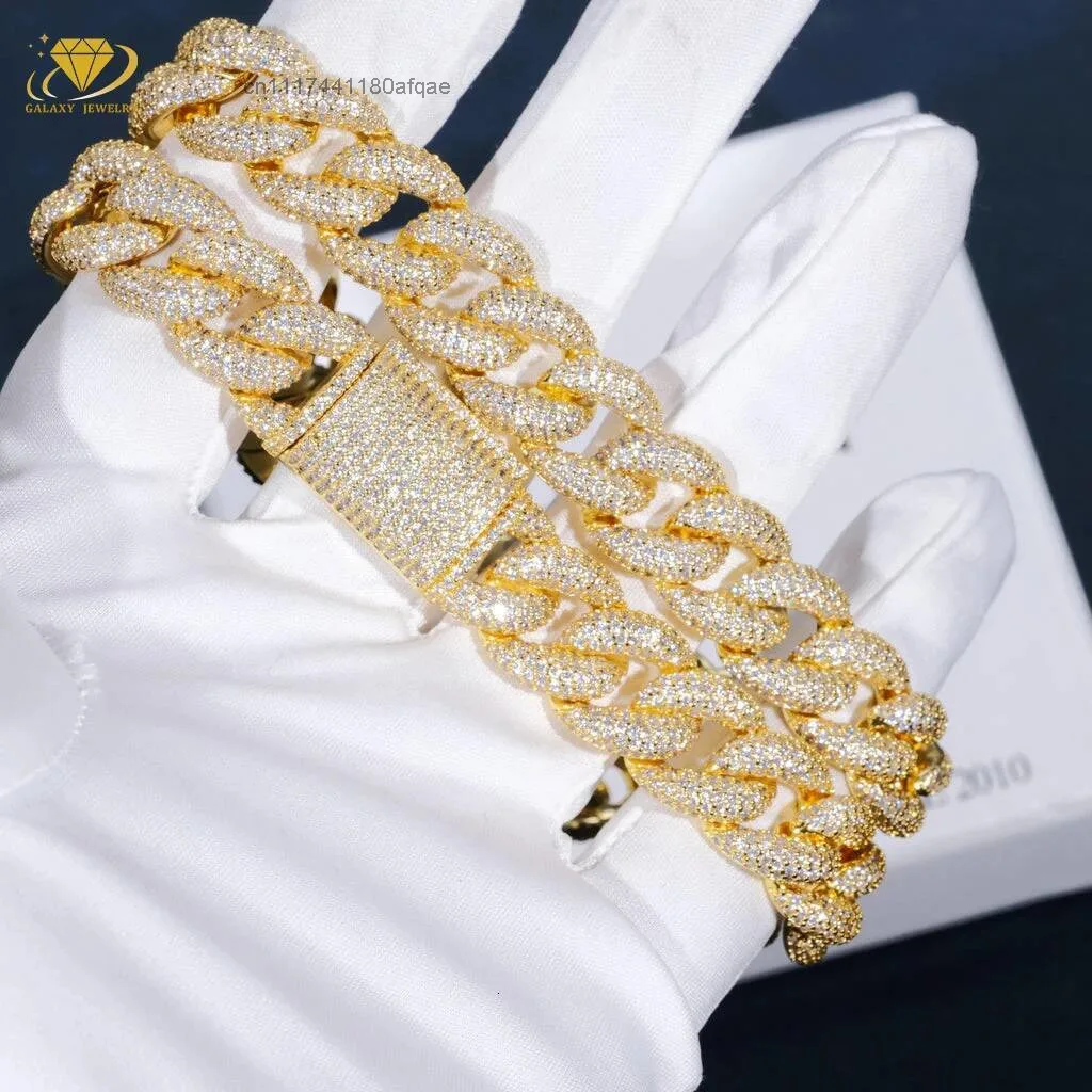Hiphop Bracelet Miami Cuban Chains Lab Diamond 925 Sterling Silver Gold Plated Vvs Moissanite for Men.