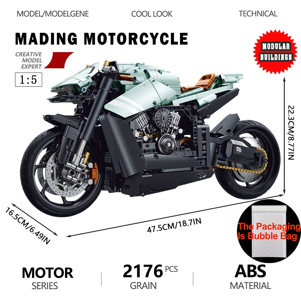 

1:5 Scale Model Motorcycle MADING Building Blocks Technical Bricks Set Motorbike Desk Decoration Assembly Kids Toy For Boys Gift