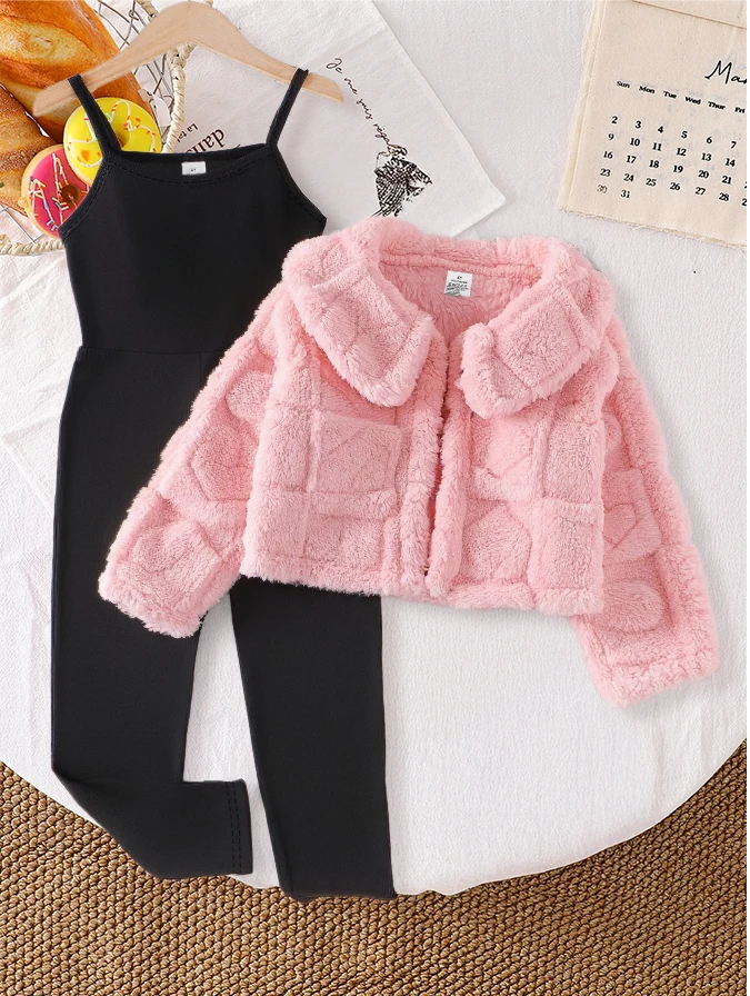 Girls 2 Piece Outfit Fuzzy Pink Lapel Fleece Jacket With Black Cami Jumpsuit Warm Stylish Fall Winter Set for 4‑8 Years Old