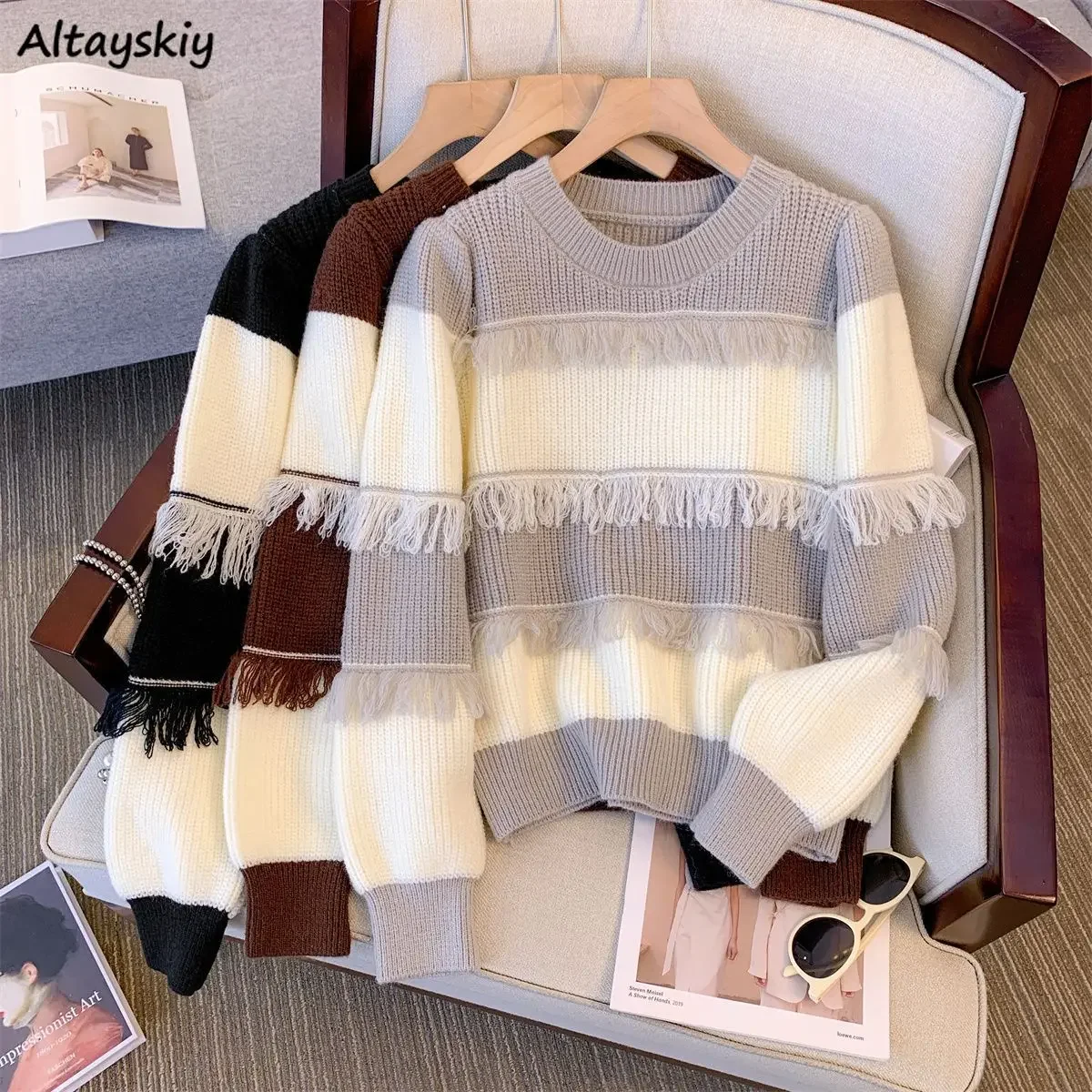 

Tassel Patchwork Pullovers Women O-neck Long Sleeve Sweaters Designed Fashionable Slouchy Harajuku All-match Tops Chic Girl Ins