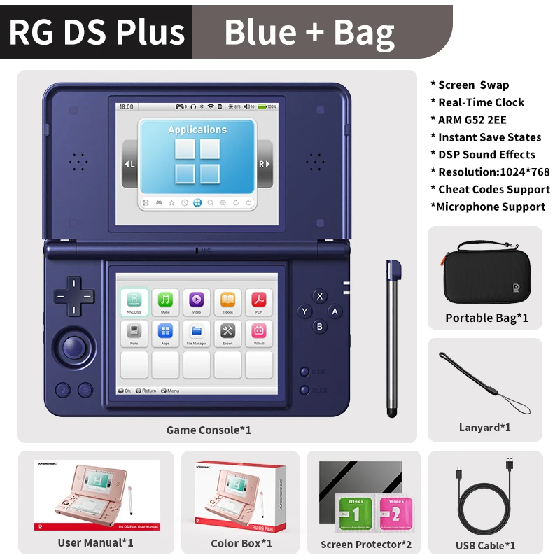 Anbernic RG DS Plus Retro Handheld Game Console Linux 4,3" IPS 1024*768 Dubbel Scherm 4000mAh Game Speler Bluetooth WiFi Streaming
