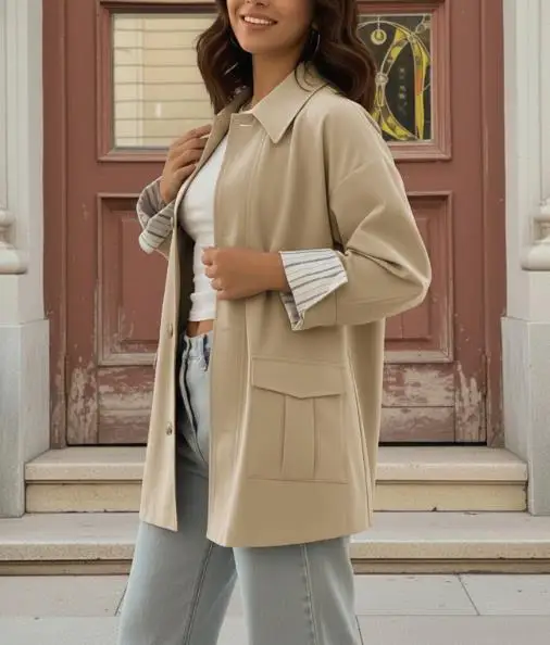 

Women's Coat 2025 New Casual Versatile Solid Color Shirt Jacket Striped Patchwork Cuff Jacket Commuting Loose Casual Jacket