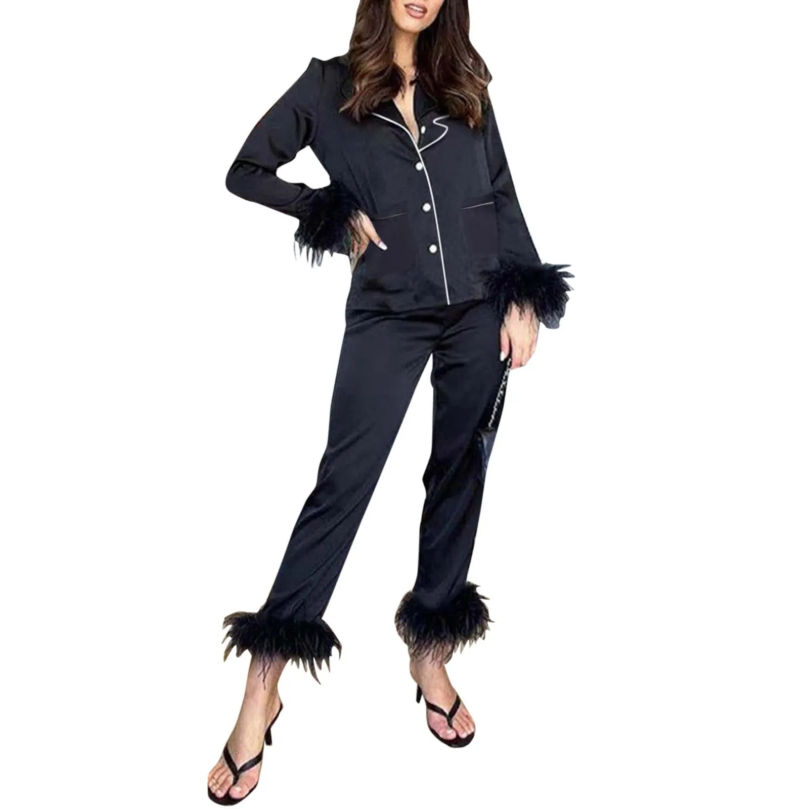 Feather Sleepwear Women Satin Silk Pajamas Set Turn-down Collar Long Sleeve Two Pieces Suit Casual Loose Home Clothes Loungewear