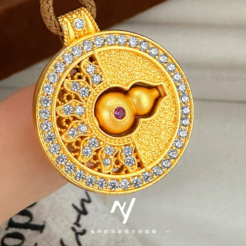 9999 24K real gold dot diamond pattern rotating gourd compass pendant women's necklace gift girlfriend sweater chain