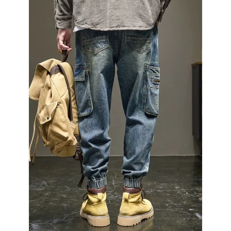 Luxury Brand Retro Washed Tooling Denim Men's Autumn Winter Loose Trend Leggings Multi-pocket Overalls Designer Harlan Trousers