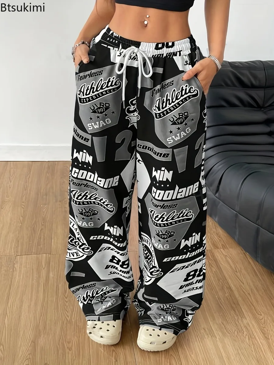2026 New Women's Retro Print Loose Casual Pants Lightweight Y2k Pants Spring Summer Streetwear Spicy Girl Style Pocket Sweatpant