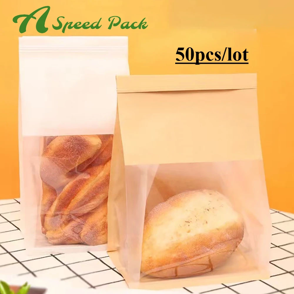 

50pcs Kraft Paper with Window Free Tin Tie Bread Packaging Bags Oil-proof Breakfast Cookie Breat Party Food Toast Storage Bags