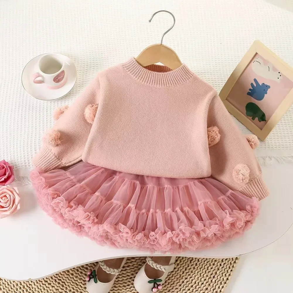 

Autumn Winter Kids Clothes Girl Knitted Sweater Set with Pom Poms & Princess Tulle Tutu Skirt 1-5Y Girls Cute Party Outfit