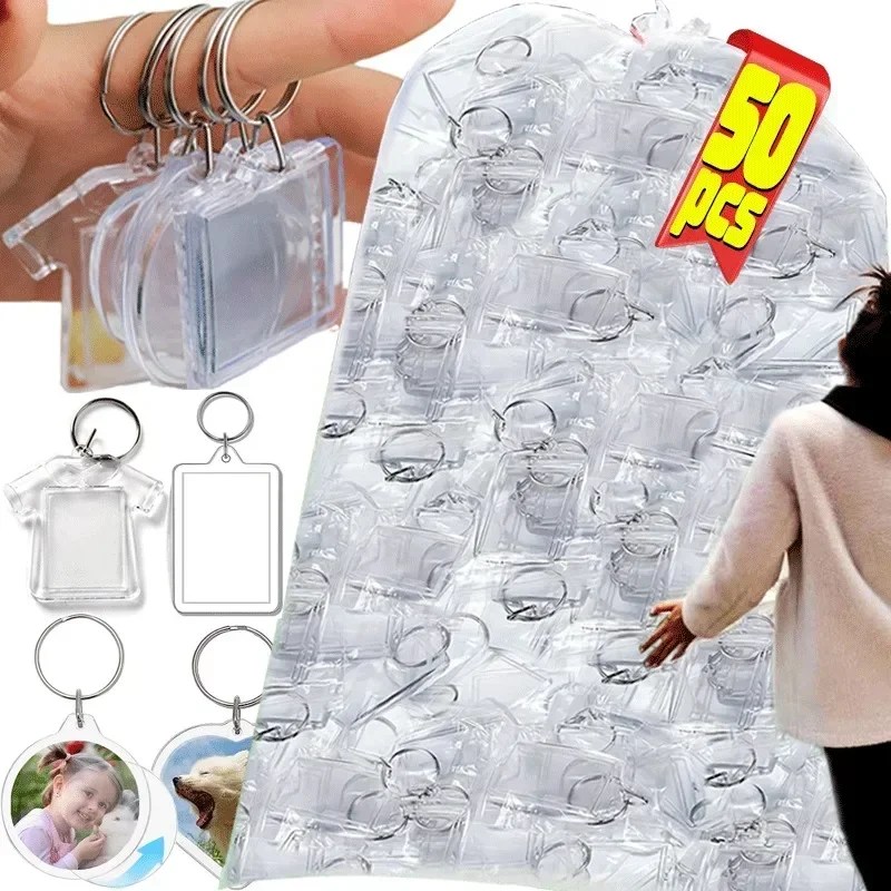 5/100pcs Transparent Rectangle Blank Acrylic Insert Keychain Photo Picture Frame Keyring Holder DIY Split Ring KeyChain Gifts