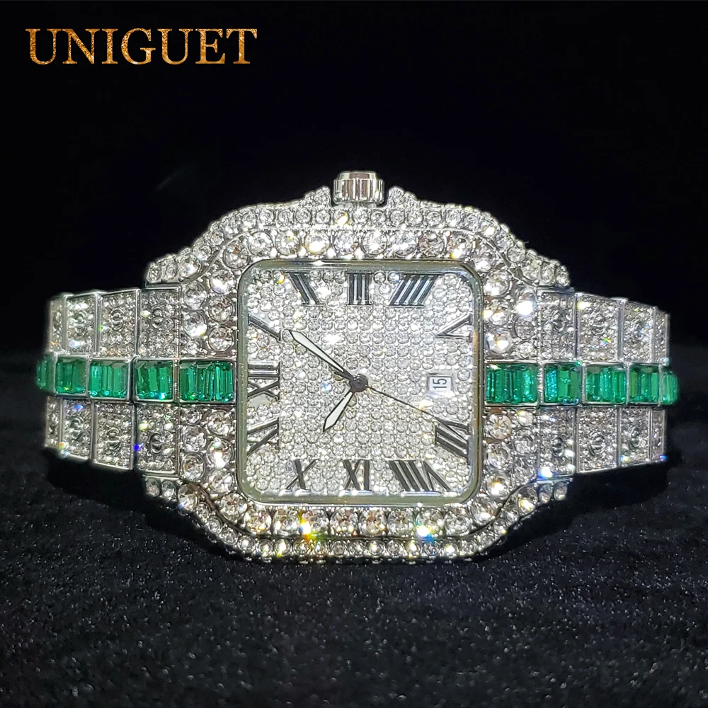 UNIGUET Green Diamond Watch For Men Fashion Hip Hop Calendar Men's Quartz Watches Full Iced Square Hand Clock Dropshipping