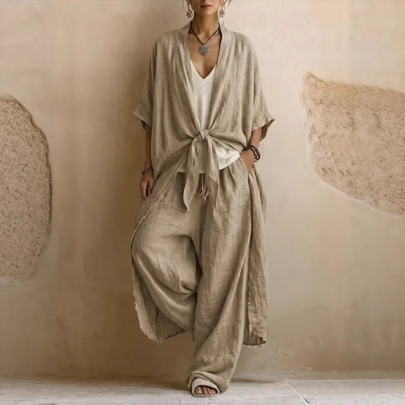 Conjunto de bata y pantalón de pierna ancha con bolsillos para mujer, kimono con lazo en la cintura y frente abierto, traje de 2 piezas, nuevo atuendo bohemio informal de verano para resort.