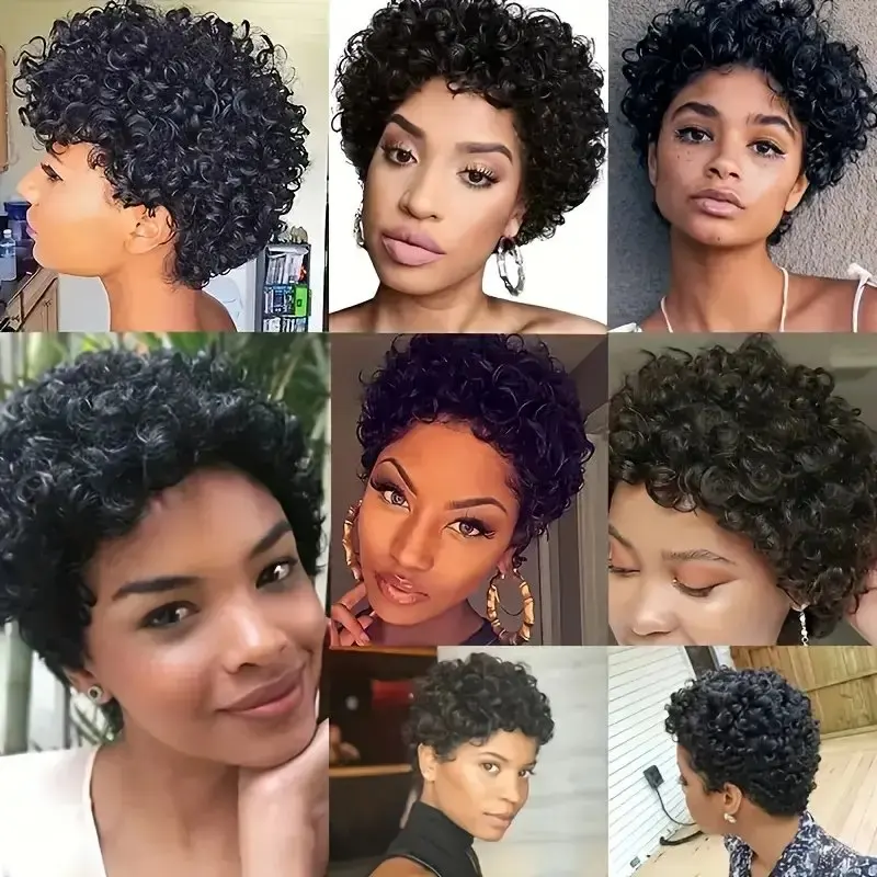 Perruque courte coupe Pixie pour femme, cheveux humains Remy brésiliens, vague bouclée avec devant en dentelle, densité 180%, 13x1