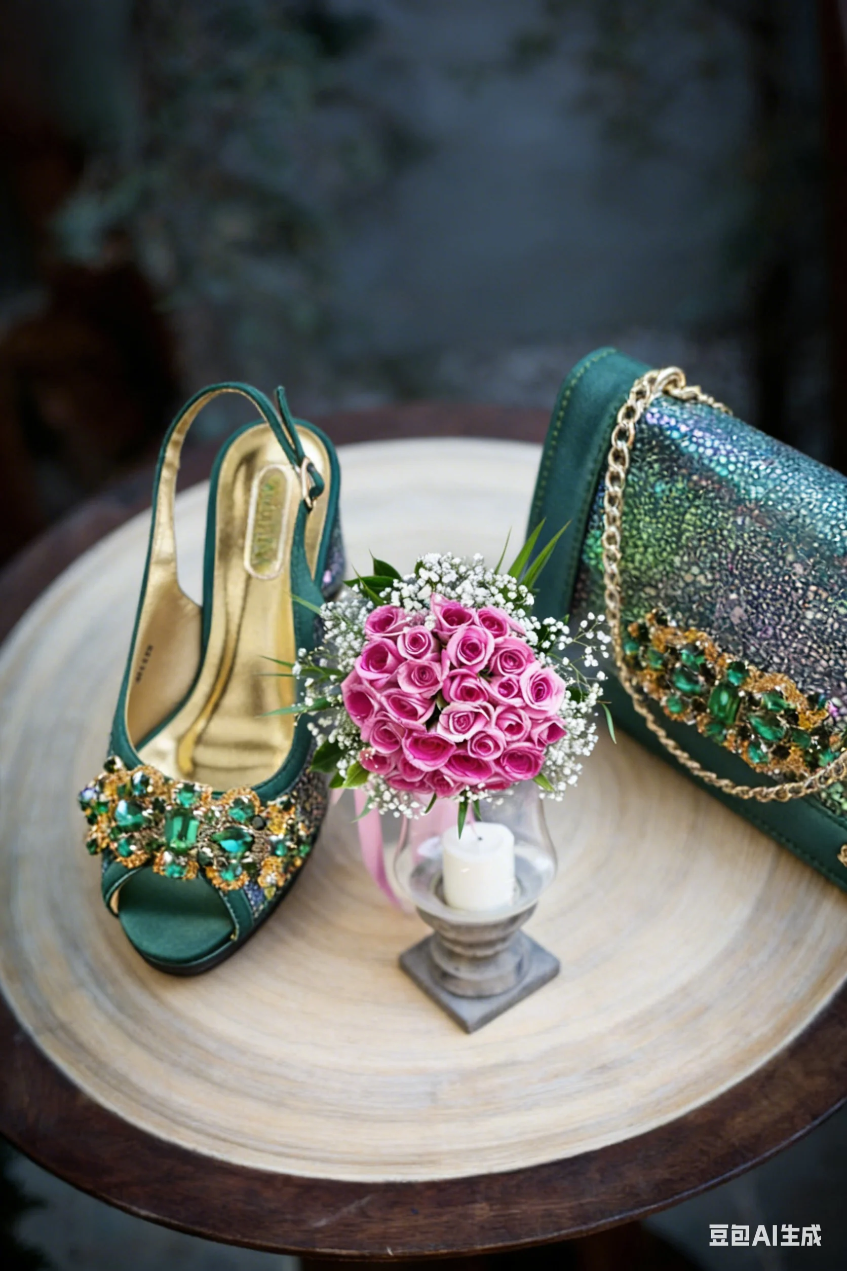 

INS Newest Rhinestone-Embellished and Colorful Proint Design Green Party Wedding Pointed Toe Ladies High Heels and Soft Bag
