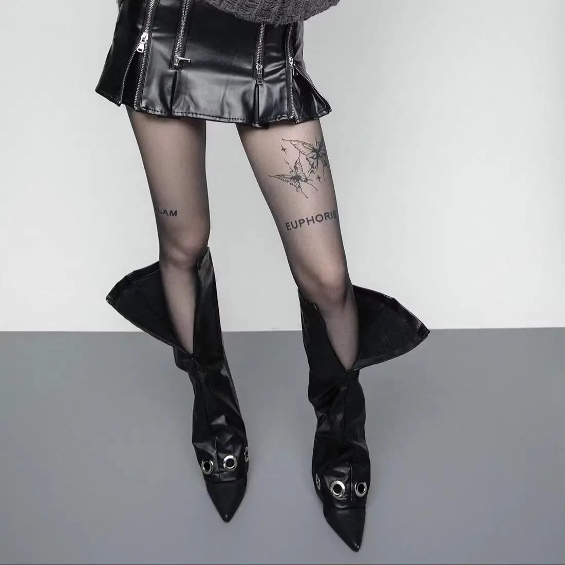 Original Silver Rivet Large Eyelet Leather Leg Warmers, Dark Street Punk Y2K Girl Style R2558 view 2
