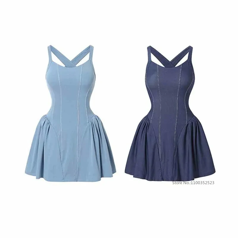 SharpStar Women's Sports Fitness One-Piece Dress Cross Backless Tennis Dress with Chest Pads Retro Denim Pickleball Dresses - view 5