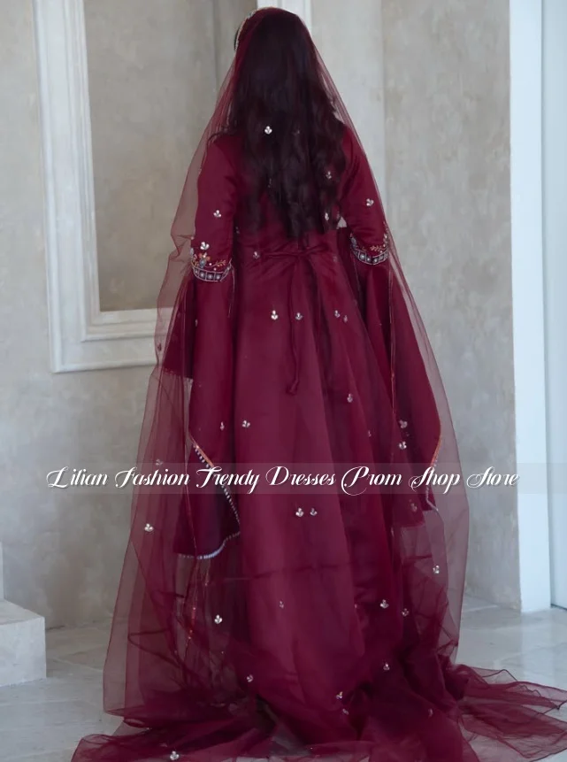 Gorgeous Burgundy Middle Eastern Wedding Dress Customized Arabic Bridal Gown Enchanting Henna Night Engagement Dress 2026