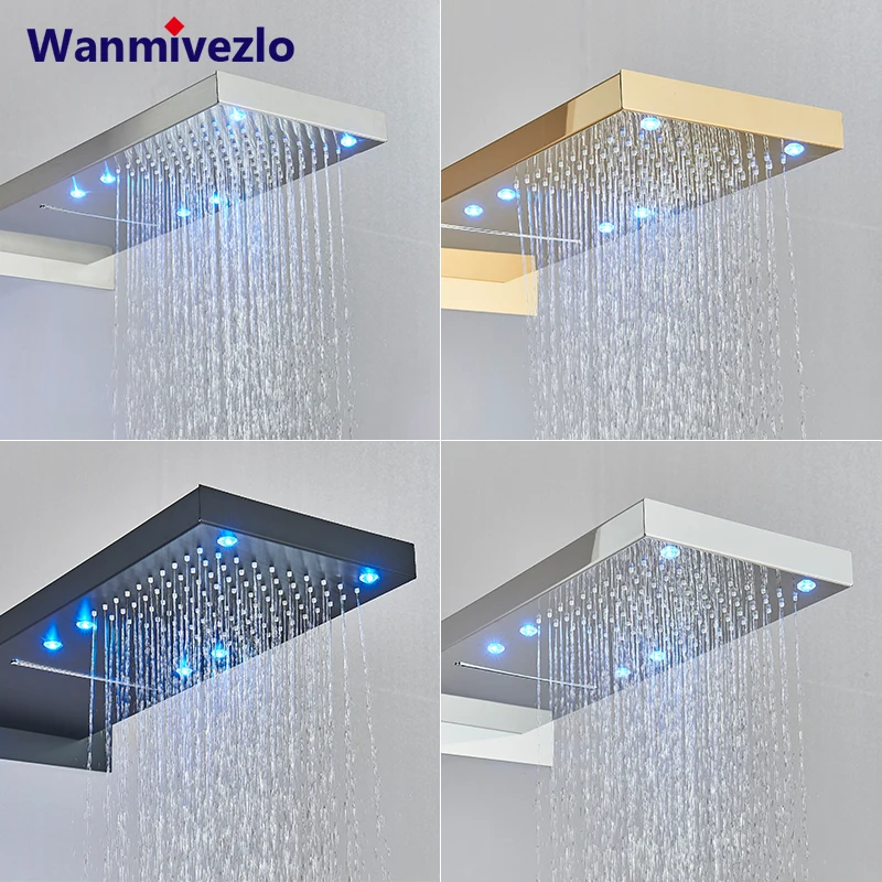 

Gold LED Wall Mounted Shower Faucet Rain Waterfall Shower Nozzle Four Color Conversion 54 * 22CM Square Head Bathroom Shower
