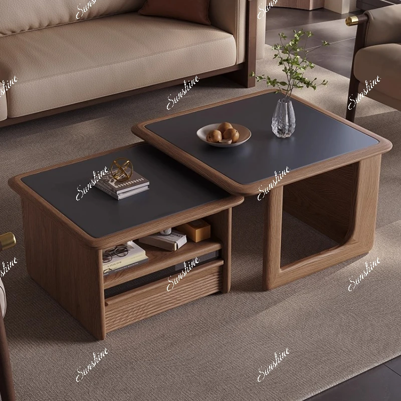 

Solid wood coffee table living room home modern new Chinese style size combination square tea integrated rock slab kung fu