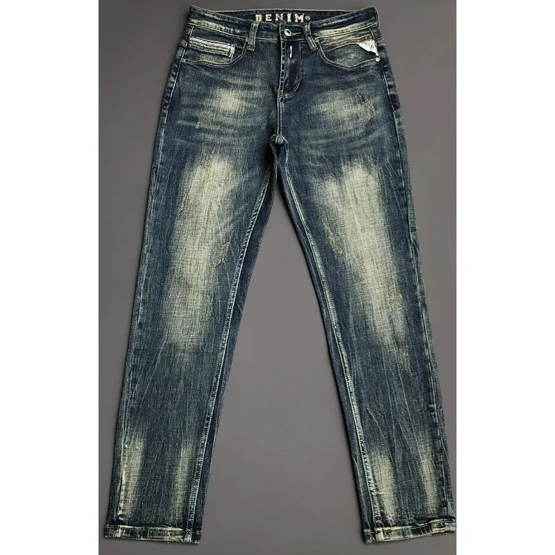 High-end retro jeans men's 2024 New Fashion Street slim fit skinny fashion wash thick distressed motorcycle long pants