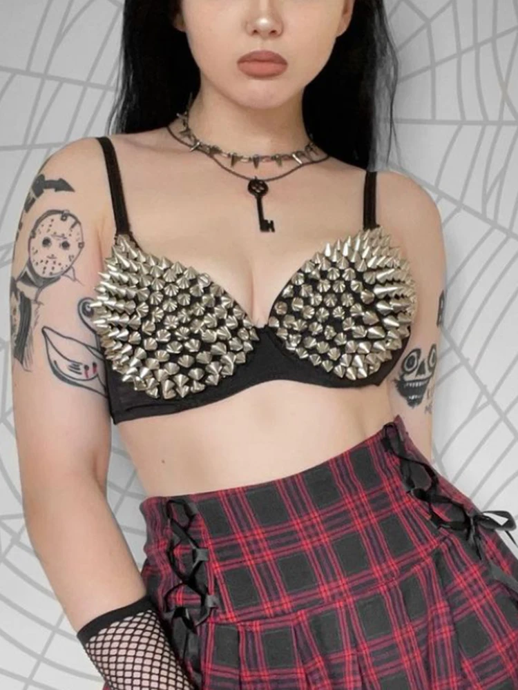 Reggiseni con rivetti a punta stile Punk da donna reggiseni Goth Mall Metallic Grunge Push Up Crop Top Harajuku Emo Alt Night Club Dance Top Summer