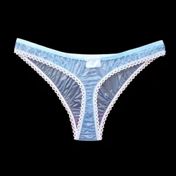 Women Sexy Transparent PVC Soft Plastic T-back Lace Low Waist Thong Sissy G-string Erotic Briefs Smooth ABDL Waterproof Panties