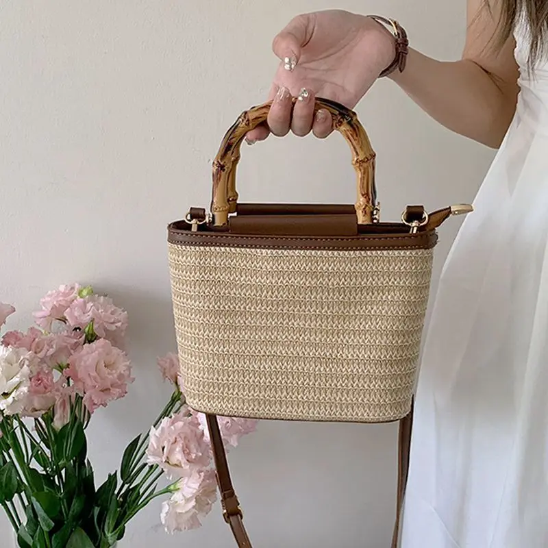 

TRSYPHXM new 2024 summer new niche crossbody bag woven small bag women's texture hand-held straw woven bucket bag women