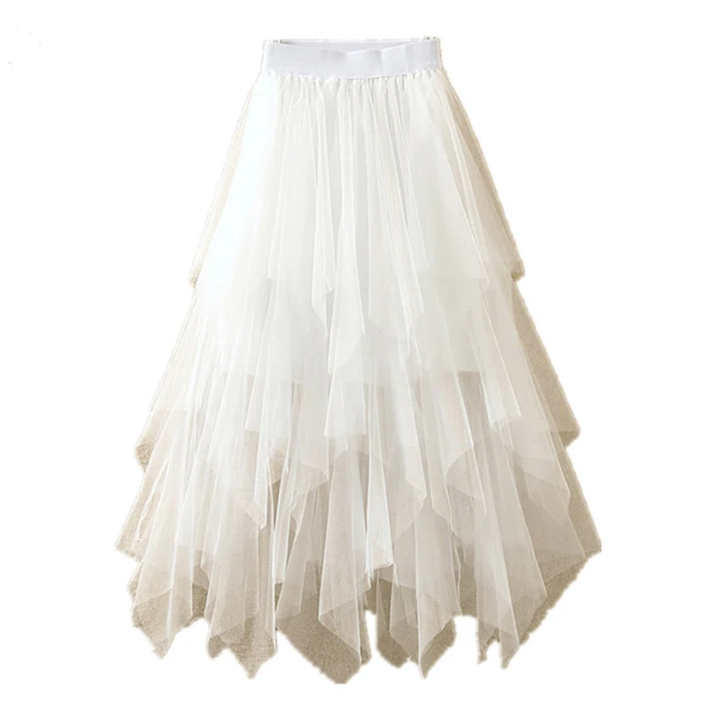 Vrouwen onregelmatige tule rokken mode elastische hoge taille mesh tutu rok geplooide lange rokken midi rok Saias Faldas Jupe Femmle