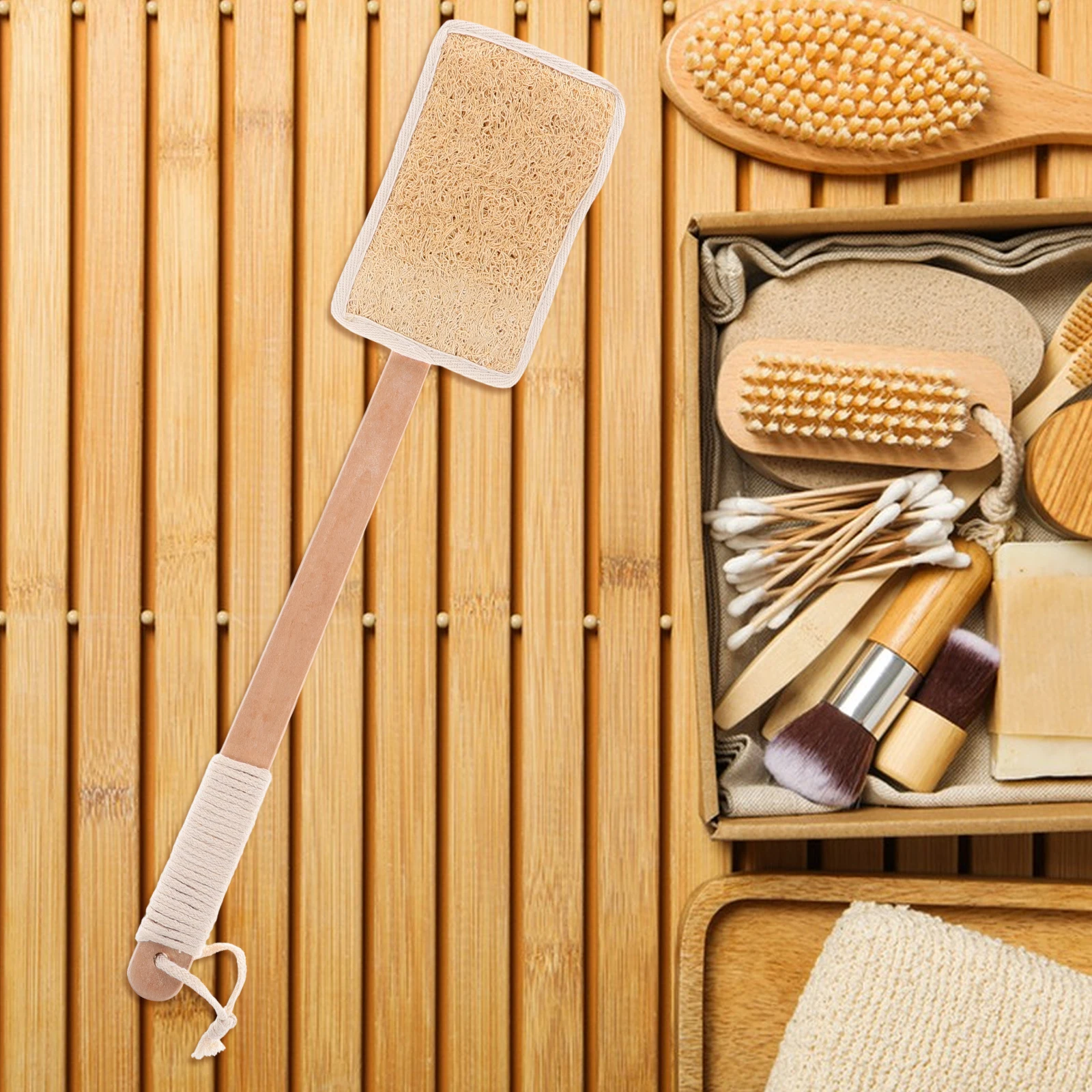 

Loofah Shower Brush Bath Back Scrubber Body Bathroom Scrubbing Beige Exfoliating Long Handle Wood Soft Bristles Gentle Back