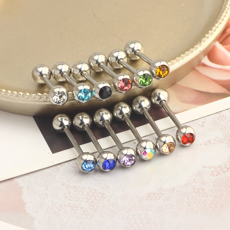 Stainless Steel Crystal Ball Tongue Bars Ring Ear Nail Clasp Ear Bone Barbell Body Piercing Jewelry Wholesale 12 color be choose