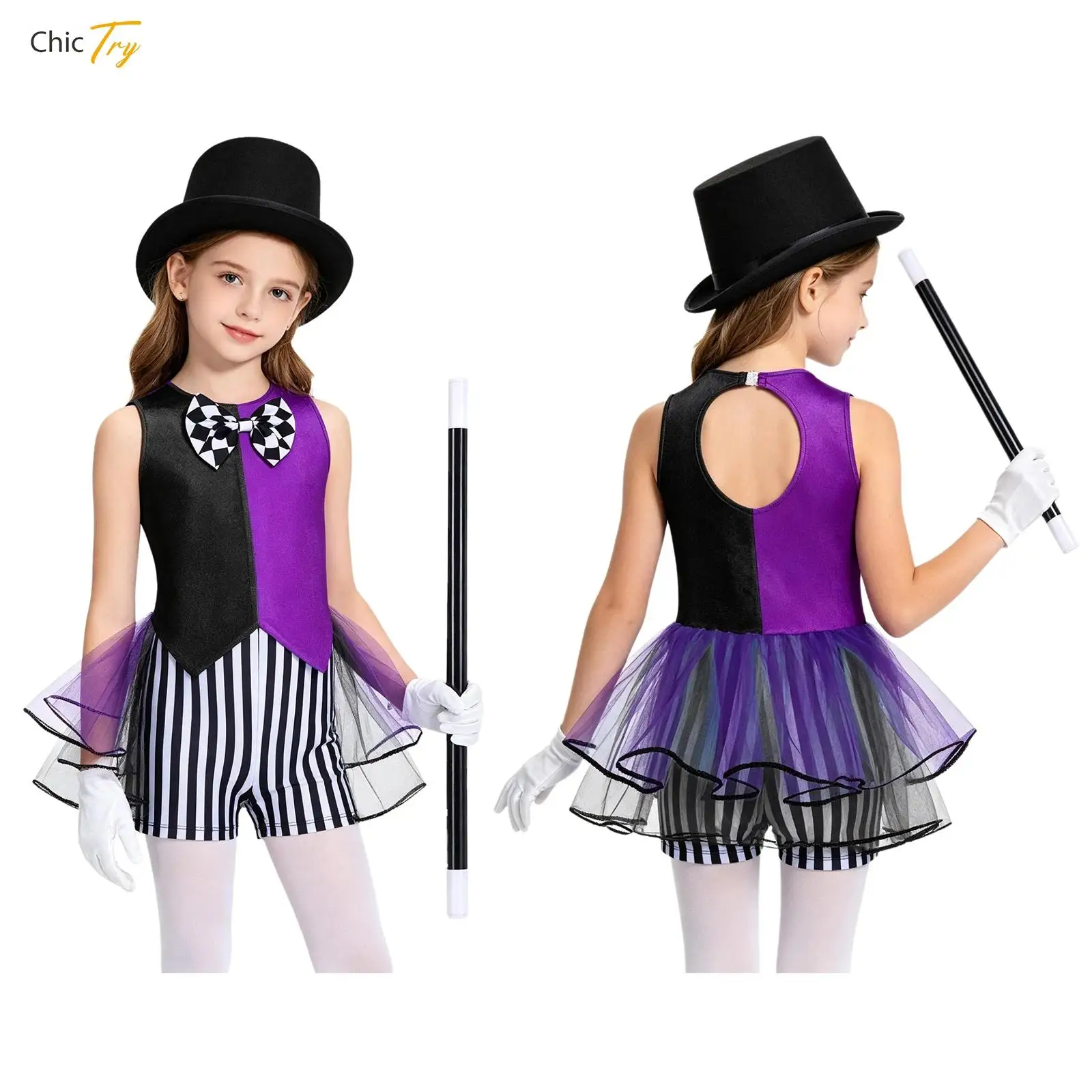 

Girls Circus Clown Performance Dress Up Halloween Checkerboard Stripe Tutu Bodysuit Shorty Unitard And Top Hat Gloves Magic Wand