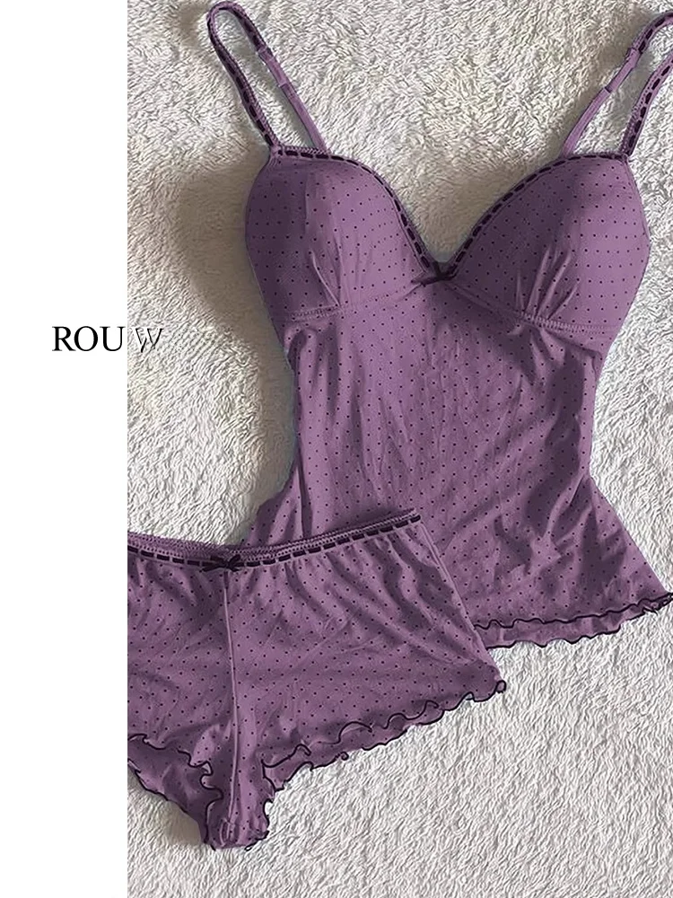 

2025 сексуальный фиолетовый комбинезон в горошек с ремешком, женский летний комплект домашней одежды Pure Desire с кружевной отделкой, брюки V Ne, домашняя одежда