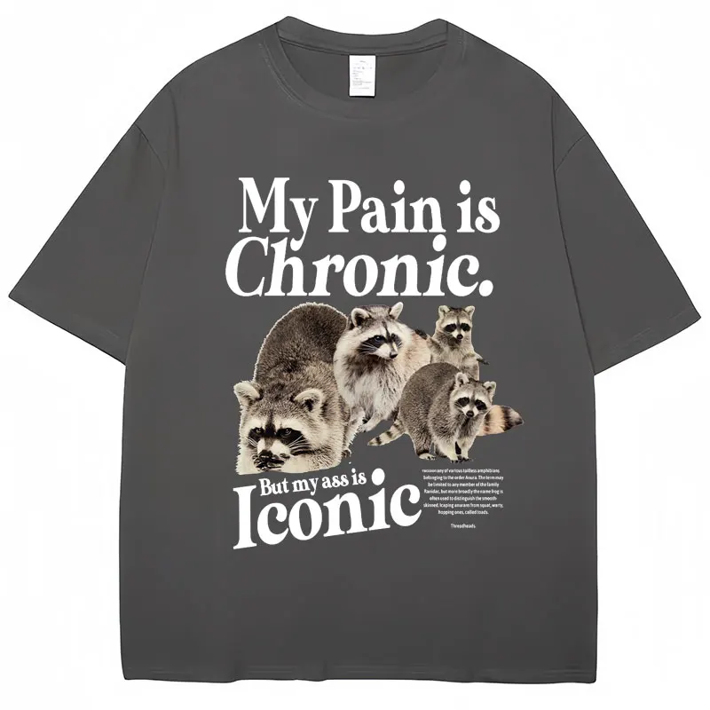 Funny Raccoon Meme T Shirt My Pain Is Chronic But My Ass Is Iconic Print Tees Men Women Fashion Casual Pure Cotton Loose T-Shirt