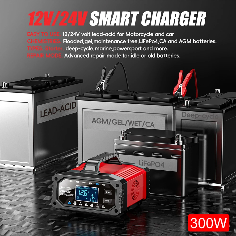 

300 Вт зарядные устройства для аккумуляторов высокой мощности 12 В 24 В Интеллектуальный импульсный ремонт литиевых свинцово-кислотных аккумуляторов Maintance Грузовые автомобильные зарядные устройства