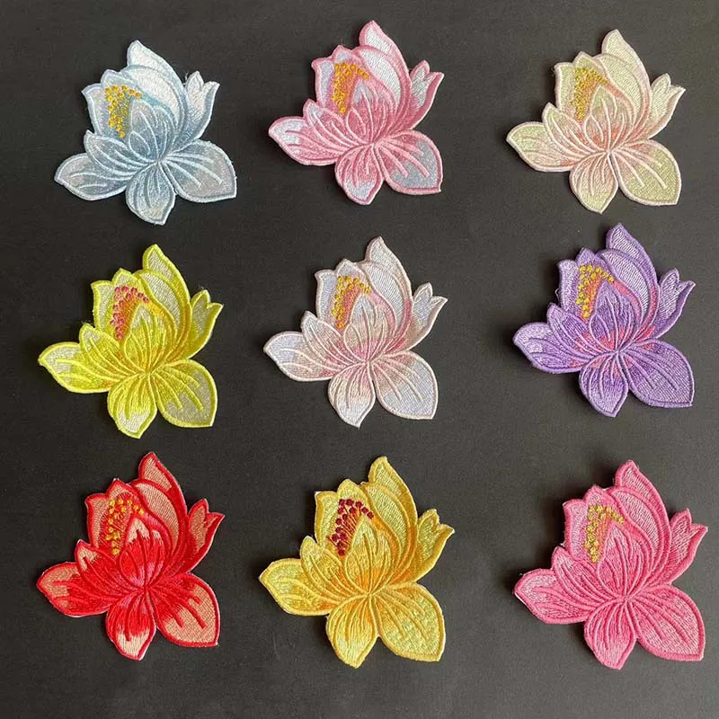 9 Stück, 1 Stück/Lotusblumen-Applikationsaufnäher zum Aufbügeln, Stoffblumen-Stickerei zum Aufbügeln für Kleidung, Kleider, Cheongsam – Detail 2