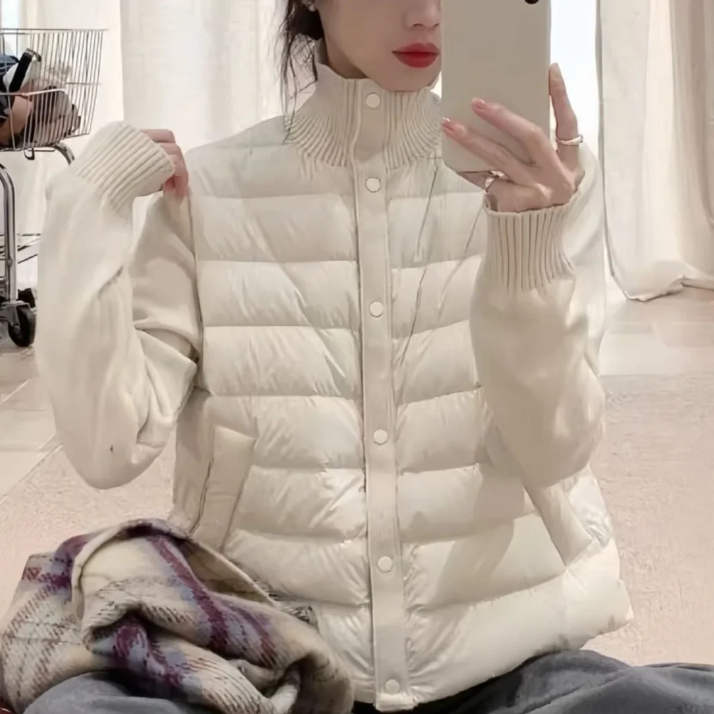 Knitted Stand-up Collar Spliced Padded Jacket Women's Short 2026 Light and Thin Bottomed Padded Jacket