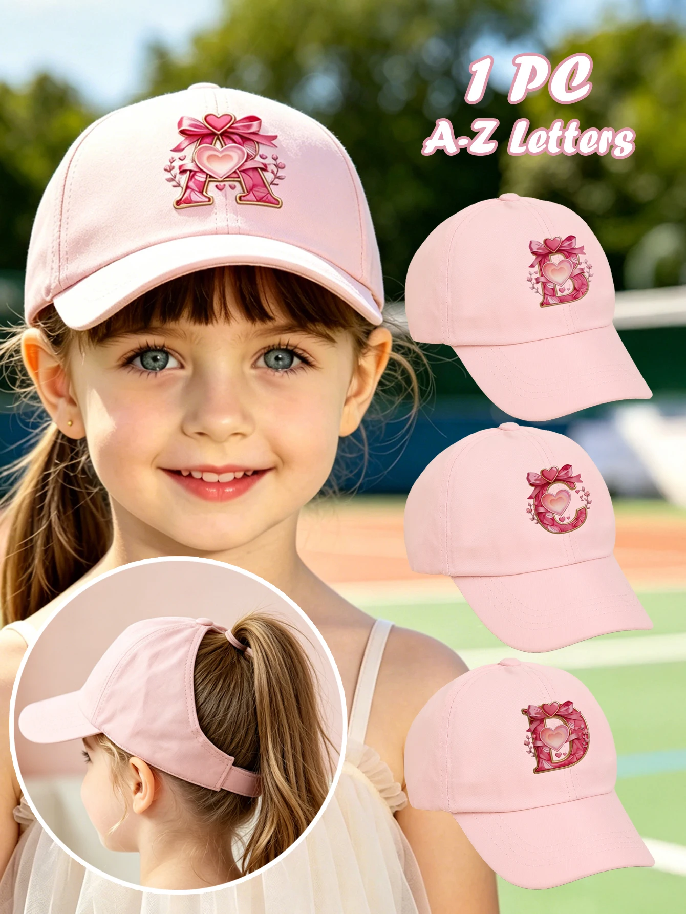 

1pc pink baby hat Adjustable Youngsters' Baseball Cap with A-Z letter Heart Bow Initial - Breathable Sun Hat for Boys and Girls