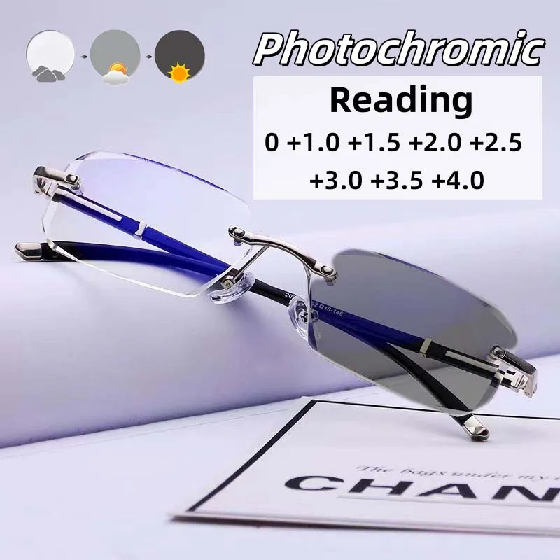 Diamond Trimmed Frameless Photochromic Reading Glasses Men's Business Reading Anti Fatigue and Anti Blue Light Glasses