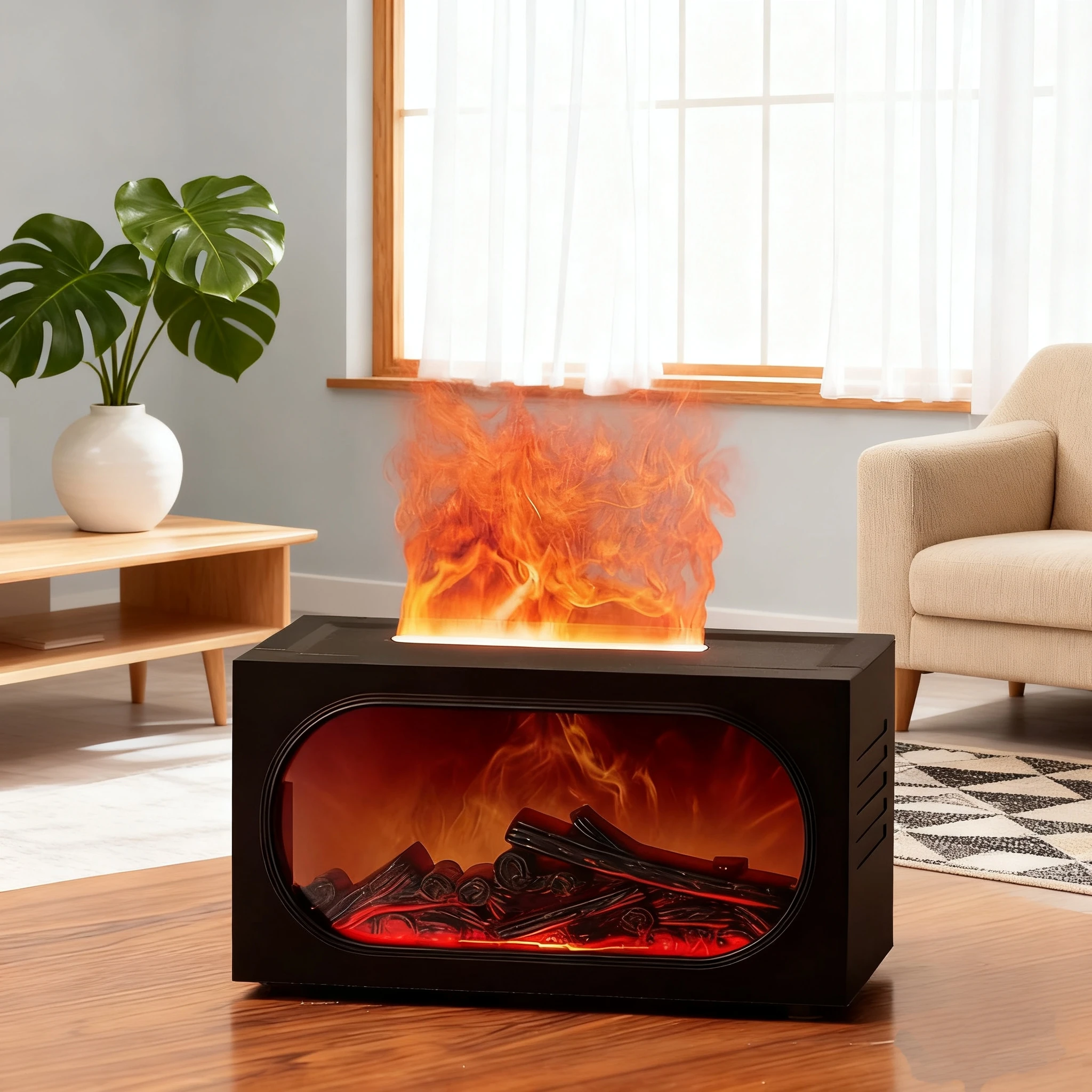 New Model Fireplace 3D Flame Diffuser Air Humidifier 140ml 7 Colors LED Lights Ultrasonic Cool Mist Aroma Diffuser Household Car