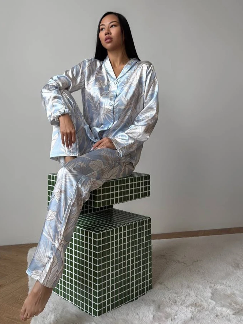 Marthaqiqi Printing Ladies Sleepwear Set Long Sleeve Nightgowns Sexy Turn-Down Collar Nightwear Pants Casual Pajama 2 Piece Suit