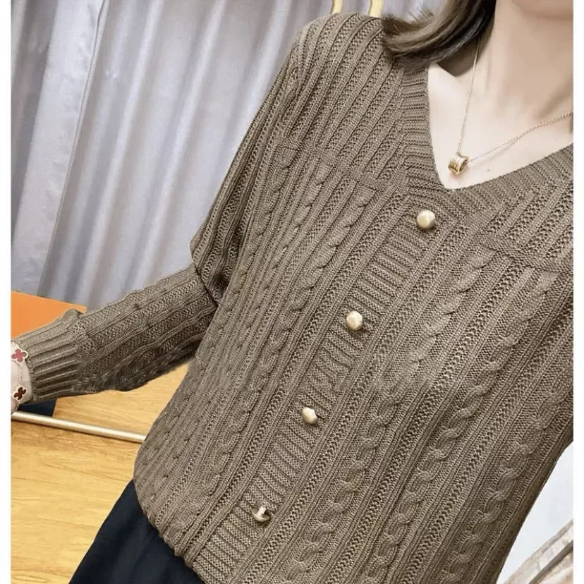 Korean V neck Vintage Fried Dough Twists Button Autumn Knitwear Women's Summer Long Sleeve Design Loose Top Early Autumn